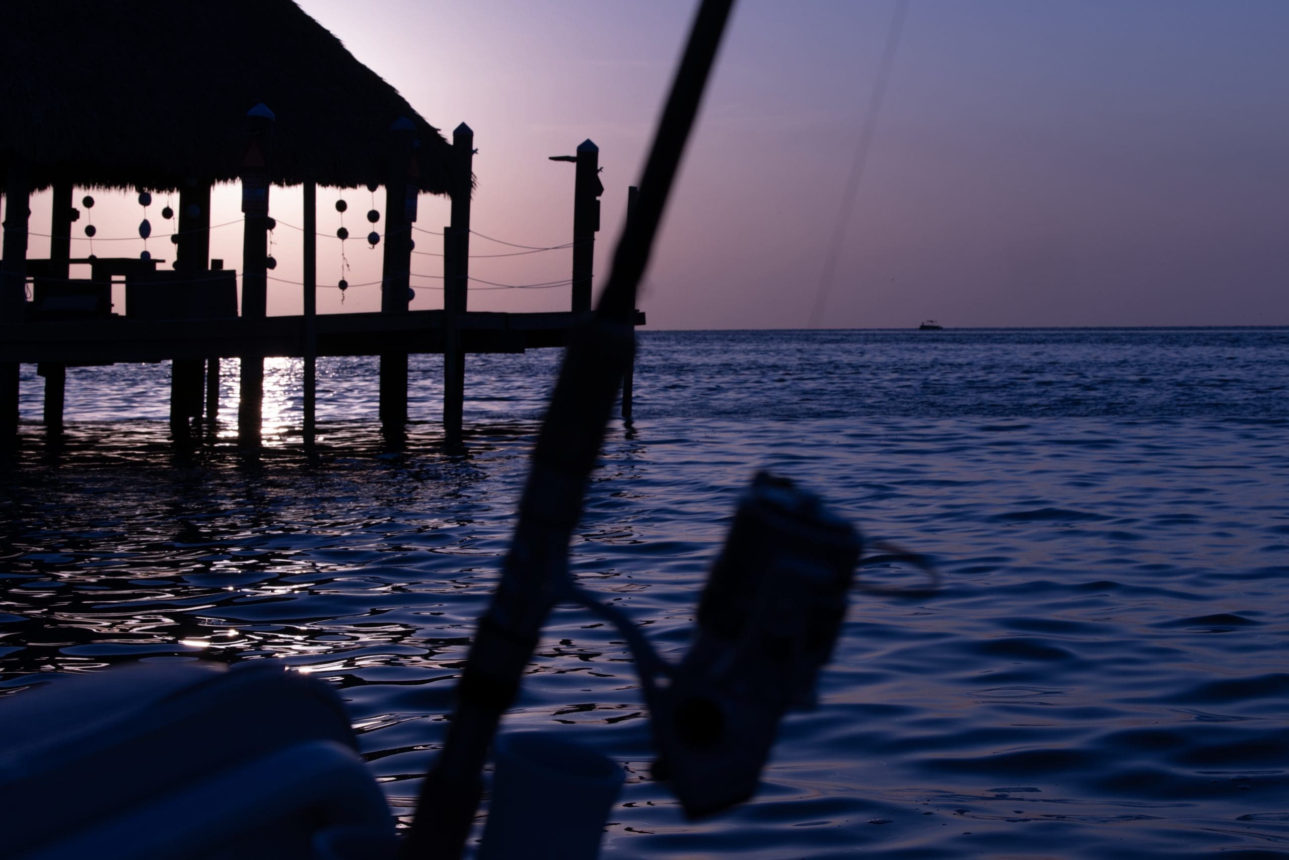 Purple Fishing A fishing pole and tiki hut is highlighted by the purple hue of the sky over the ocean.