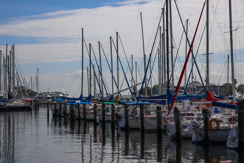 St Pete marina scene with sailboats along the waterline beneath clear blue skies, coastal landscape photography.